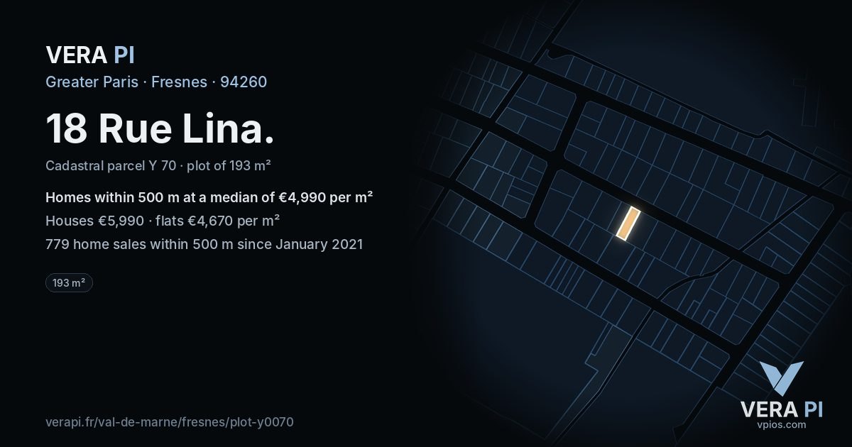 18 Rue Lina, Fresnes at night – the plot lit, the parcels around coloured by the prices near them