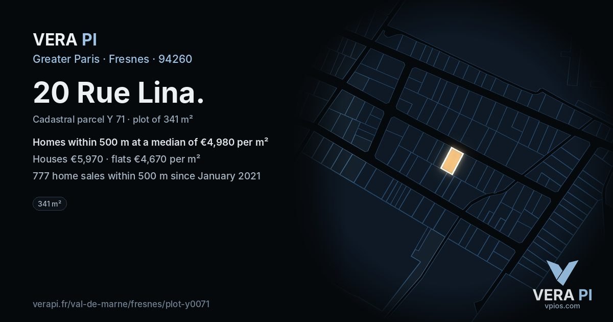 20 Rue Lina, Fresnes at night – the plot lit, the parcels around coloured by the prices near them