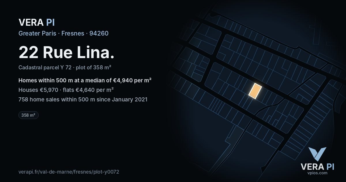 22 Rue Lina, Fresnes at night – the plot lit, the parcels around coloured by the prices near them
