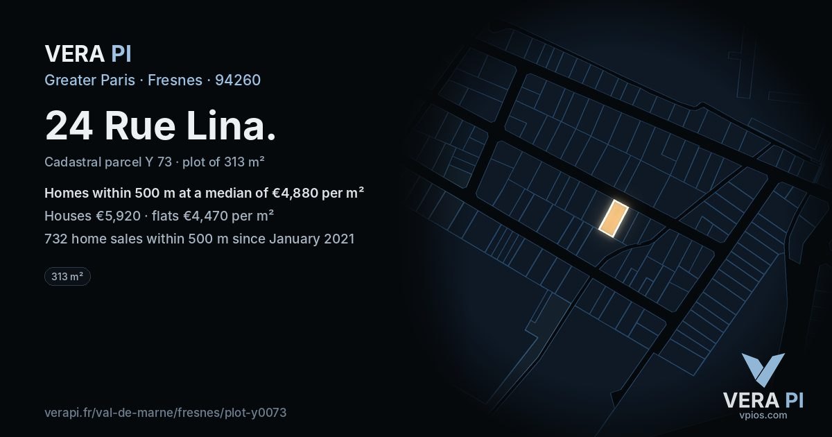 24 Rue Lina, Fresnes at night – the plot lit, the parcels around coloured by the prices near them