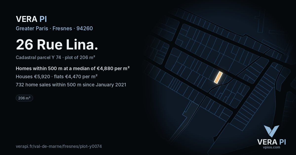 26 Rue Lina, Fresnes at night – the plot lit, the parcels around coloured by the prices near them