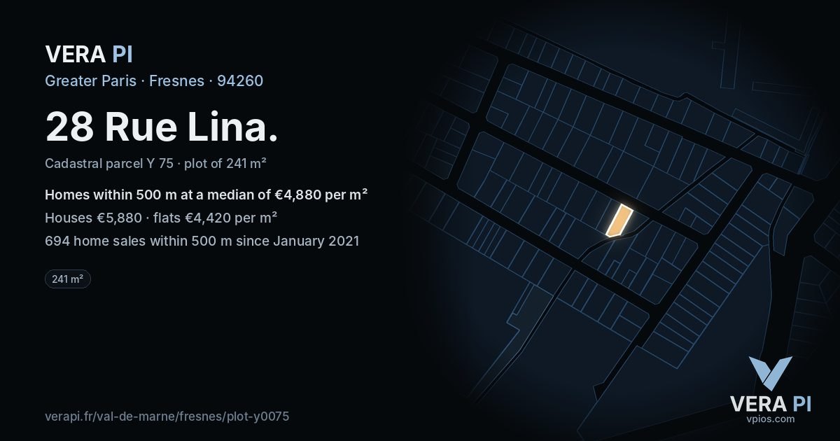 28 Rue Lina, Fresnes at night – the plot lit, the parcels around coloured by the prices near them