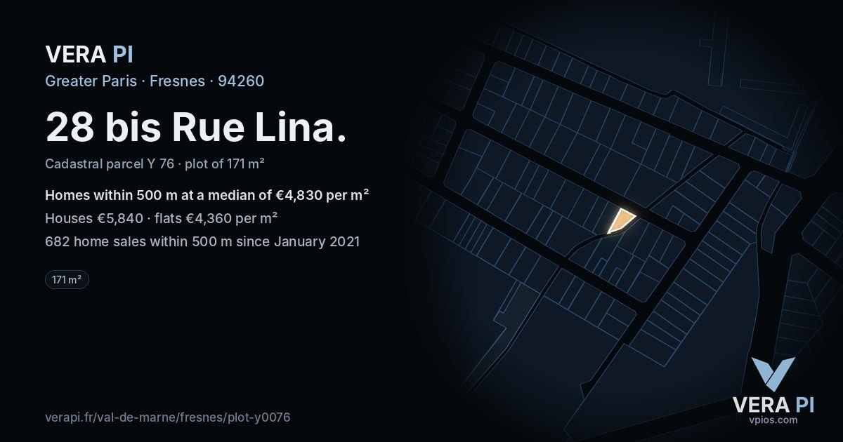 28 bis Rue Lina, Fresnes at night – the plot lit, the parcels around coloured by the prices near them