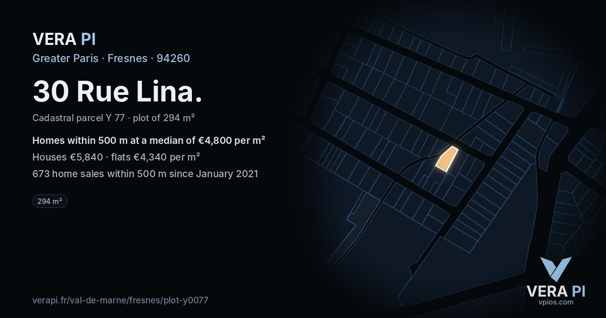 30 Rue Lina, Fresnes at night – the plot lit, the parcels around coloured by the prices near them
