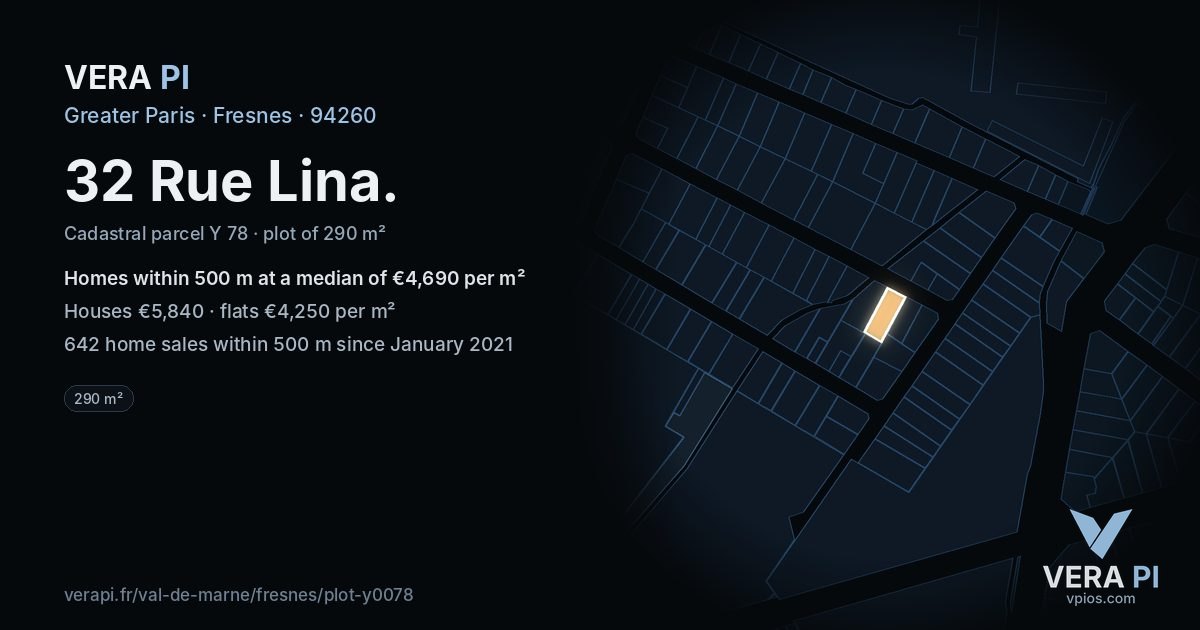 32 Rue Lina, Fresnes at night – the plot lit, the parcels around coloured by the prices near them