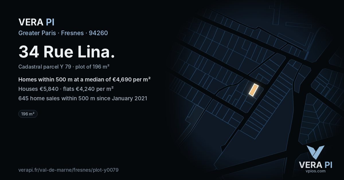 34 Rue Lina, Fresnes at night – the plot lit, the parcels around coloured by the prices near them