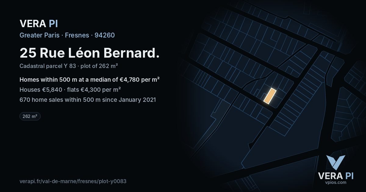 25 Rue Léon Bernard, Fresnes at night – the plot lit, the parcels around coloured by the prices near them