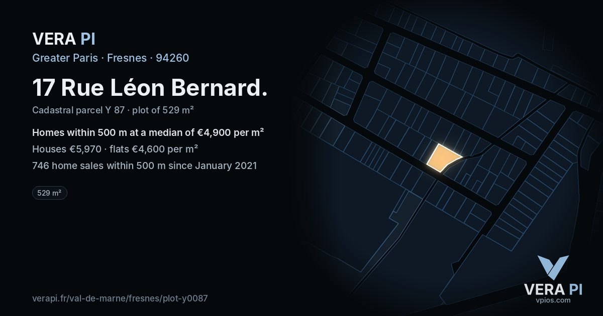 17 Rue Léon Bernard, Fresnes at night – the plot lit, the parcels around coloured by the prices near them