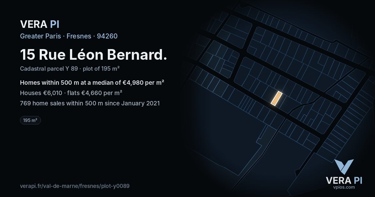 15 Rue Léon Bernard, Fresnes at night – the plot lit, the parcels around coloured by the prices near them