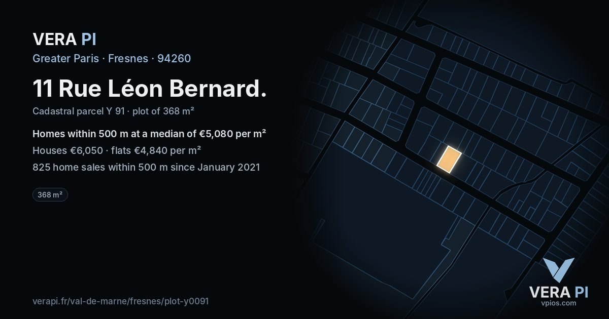 11 Rue Léon Bernard, Fresnes at night – the plot lit, the parcels around coloured by the prices near them
