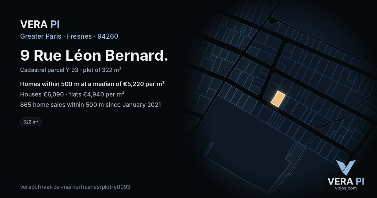 9 Rue Léon Bernard, Fresnes at night – the plot lit, the parcels around coloured by the prices near them