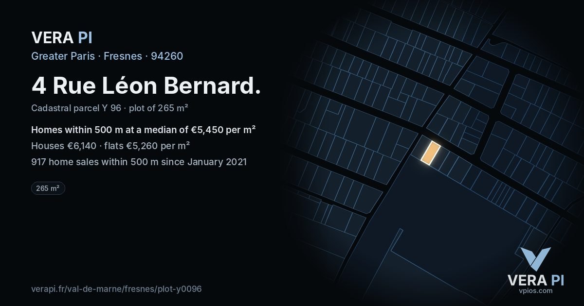 4 Rue Léon Bernard, Fresnes at night – the plot lit, the parcels around coloured by the prices near them