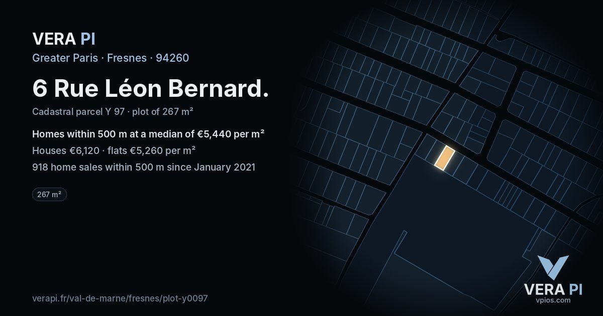 6 Rue Léon Bernard, Fresnes at night – the plot lit, the parcels around coloured by the prices near them