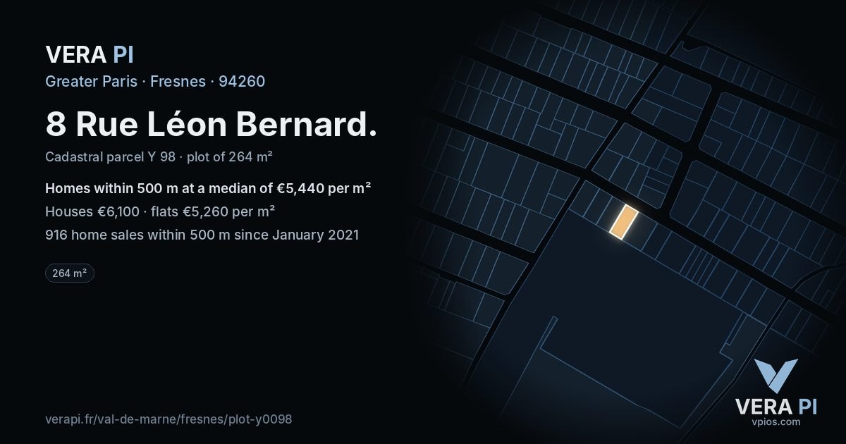 8 Rue Léon Bernard, Fresnes at night – the plot lit, the parcels around coloured by the prices near them