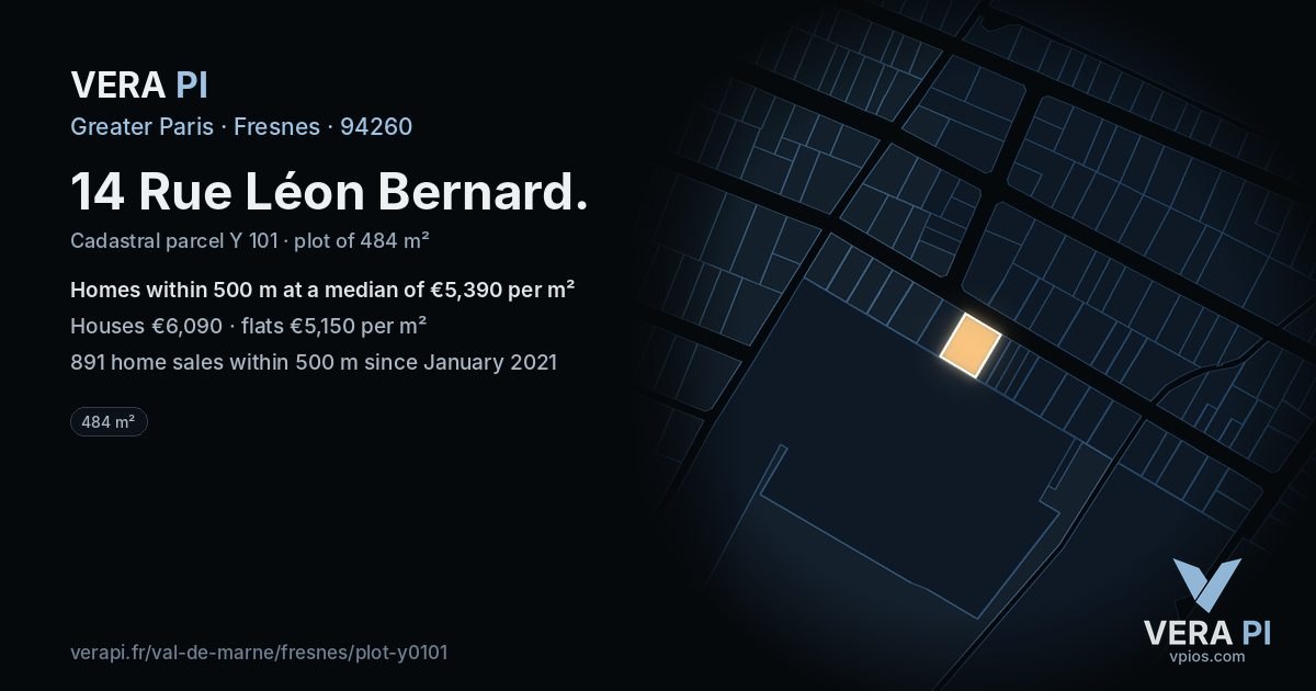 14 Rue Léon Bernard, Fresnes at night – the plot lit, the parcels around coloured by the prices near them