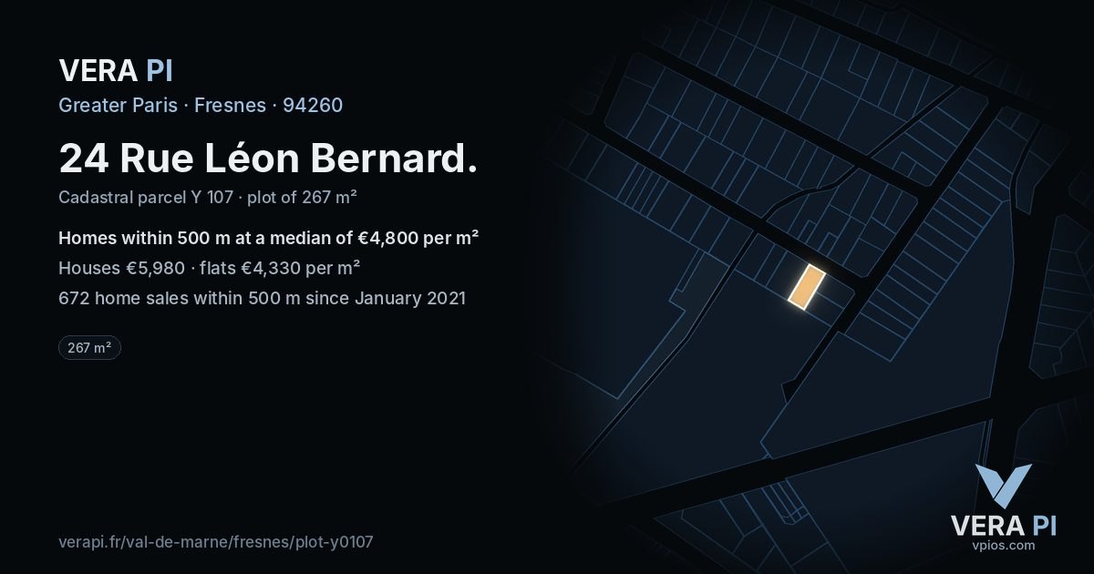 24 Rue Léon Bernard, Fresnes at night – the plot lit, the parcels around coloured by the prices near them