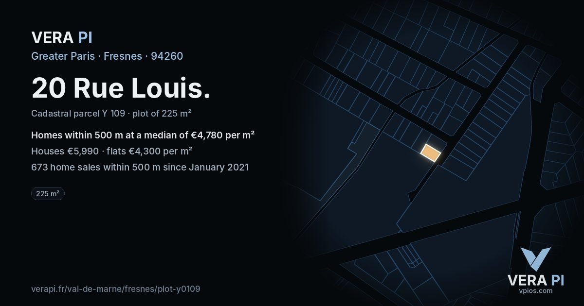 20 Rue Louis, Fresnes at night – the plot lit, the parcels around coloured by the prices near them