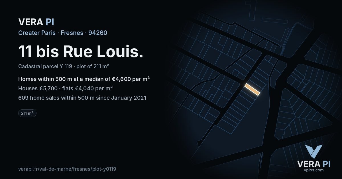 11 bis Rue Louis, Fresnes at night – the plot lit, the parcels around coloured by the prices near them