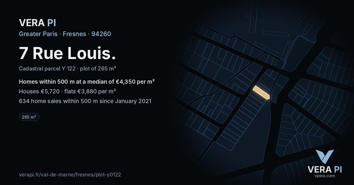 7 Rue Louis, Fresnes at night – the plot lit, the parcels around coloured by the prices near them