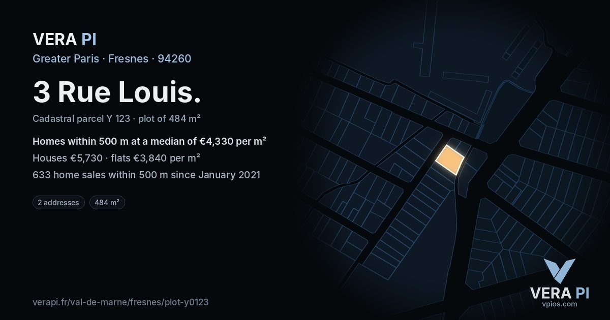 3 Rue Louis, Fresnes at night – the plot lit, the parcels around coloured by the prices near them