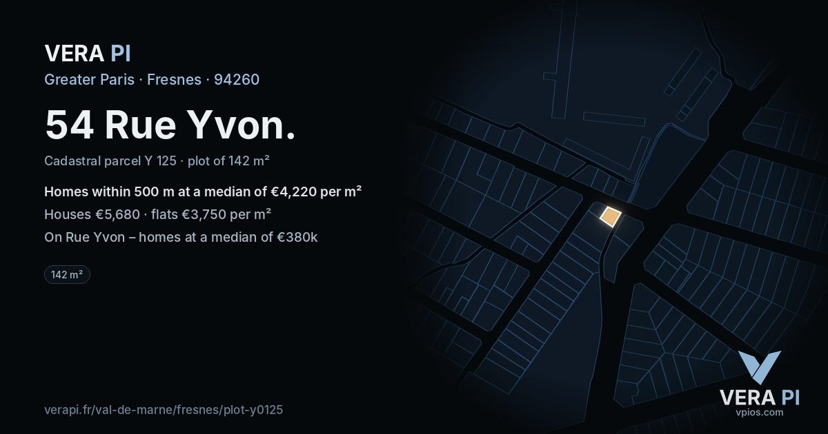 54 Rue Yvon, Fresnes at night – the plot lit, the parcels around coloured by the prices near them