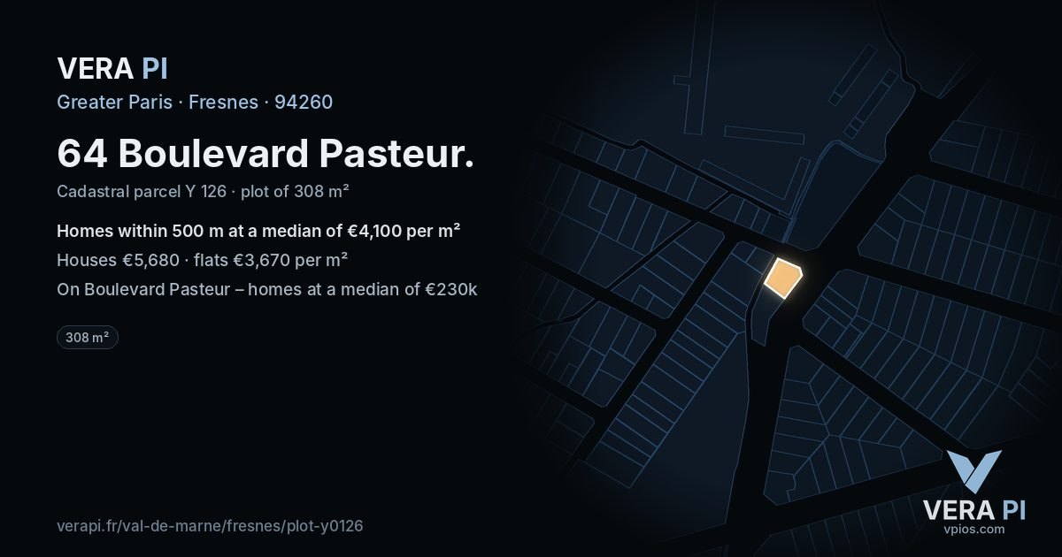 64 Boulevard Pasteur, Fresnes at night – the plot lit, the parcels around coloured by the prices near them