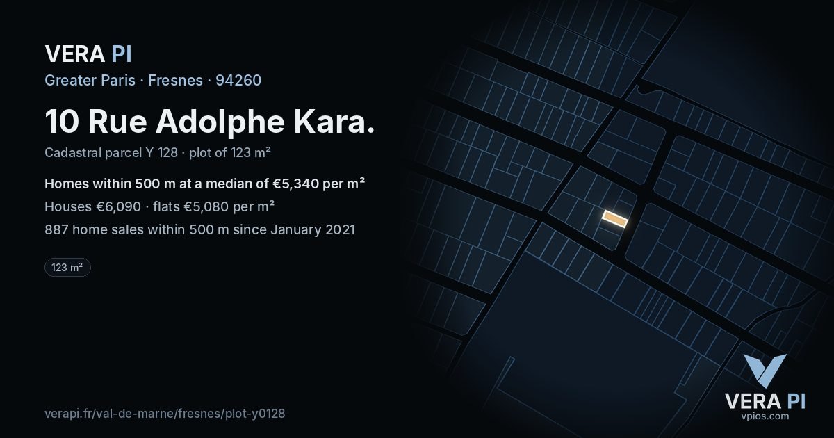 10 Rue Adolphe Kara, Fresnes at night – the plot lit, the parcels around coloured by the prices near them