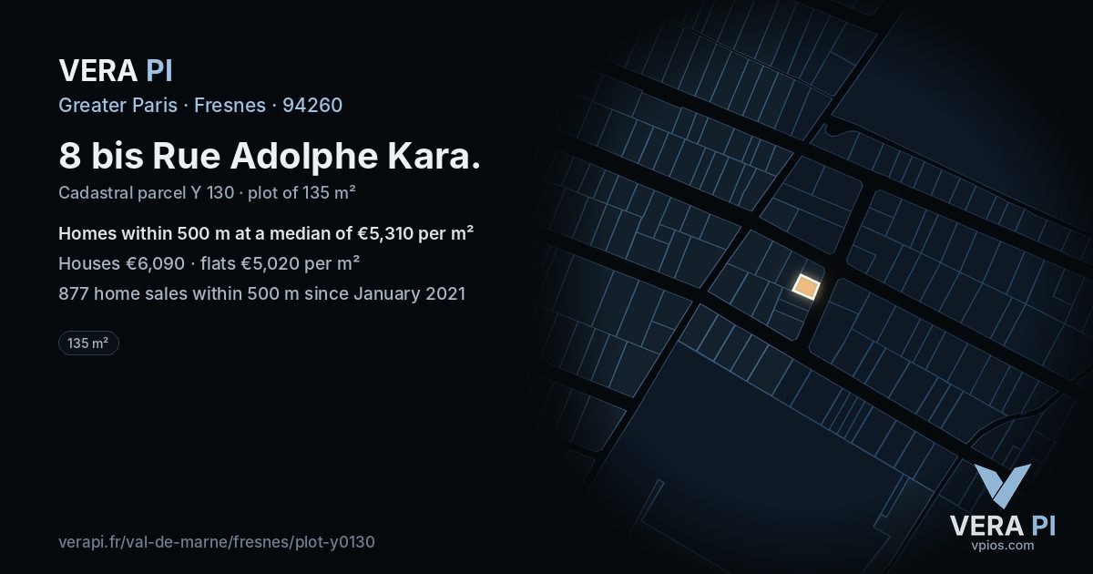 8 bis Rue Adolphe Kara, Fresnes at night – the plot lit, the parcels around coloured by the prices near them