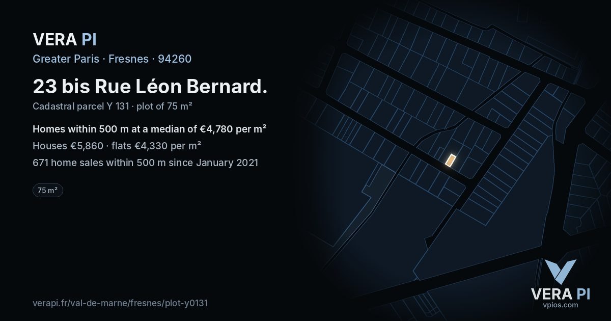 23 bis Rue Léon Bernard, Fresnes at night – the plot lit, the parcels around coloured by the prices near them