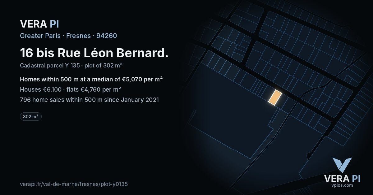 16 bis Rue Léon Bernard, Fresnes at night – the plot lit, the parcels around coloured by the prices near them