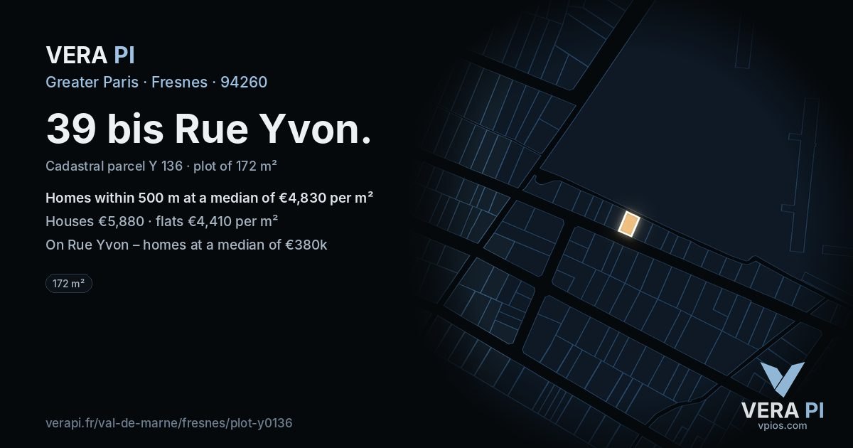 39 bis Rue Yvon, Fresnes at night – the plot lit, the parcels around coloured by the prices near them
