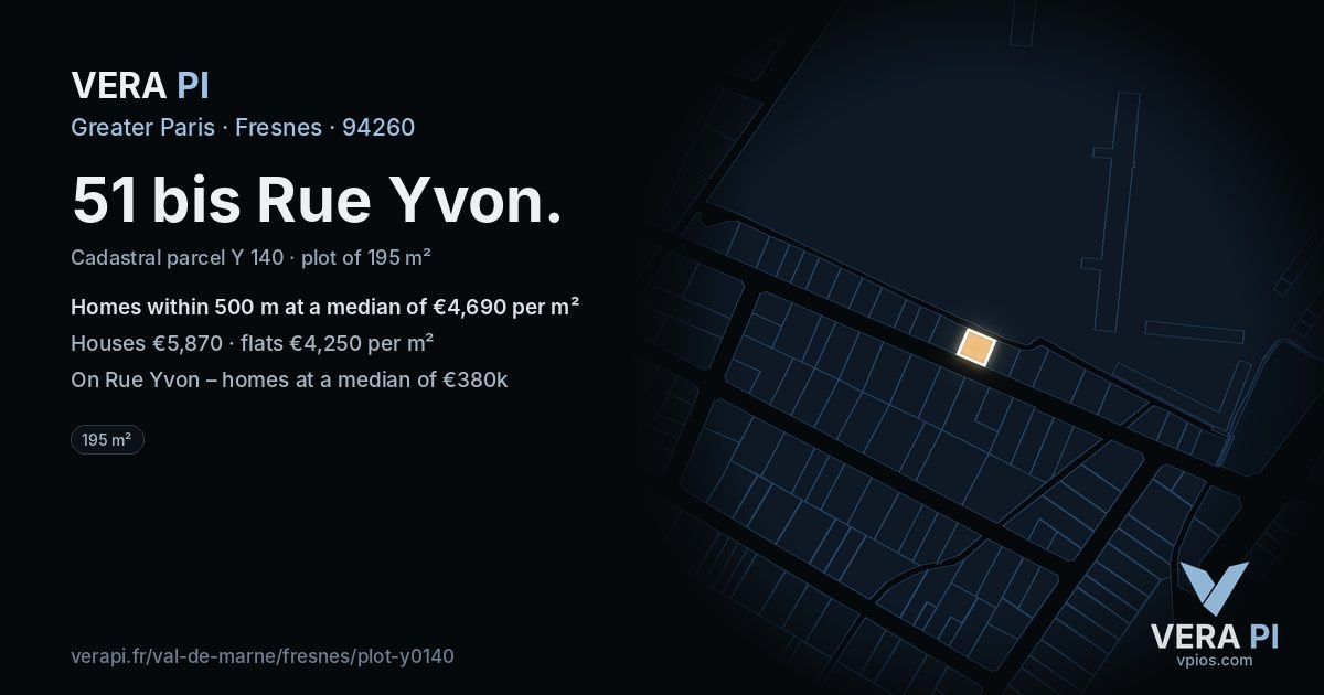 51 bis Rue Yvon, Fresnes at night – the plot lit, the parcels around coloured by the prices near them