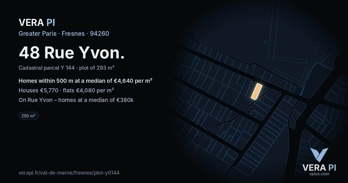 48 Rue Yvon, Fresnes at night – the plot lit, the parcels around coloured by the prices near them