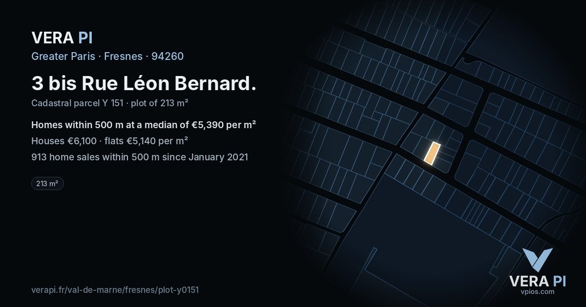 3 bis Rue Léon Bernard, Fresnes at night – the plot lit, the parcels around coloured by the prices near them