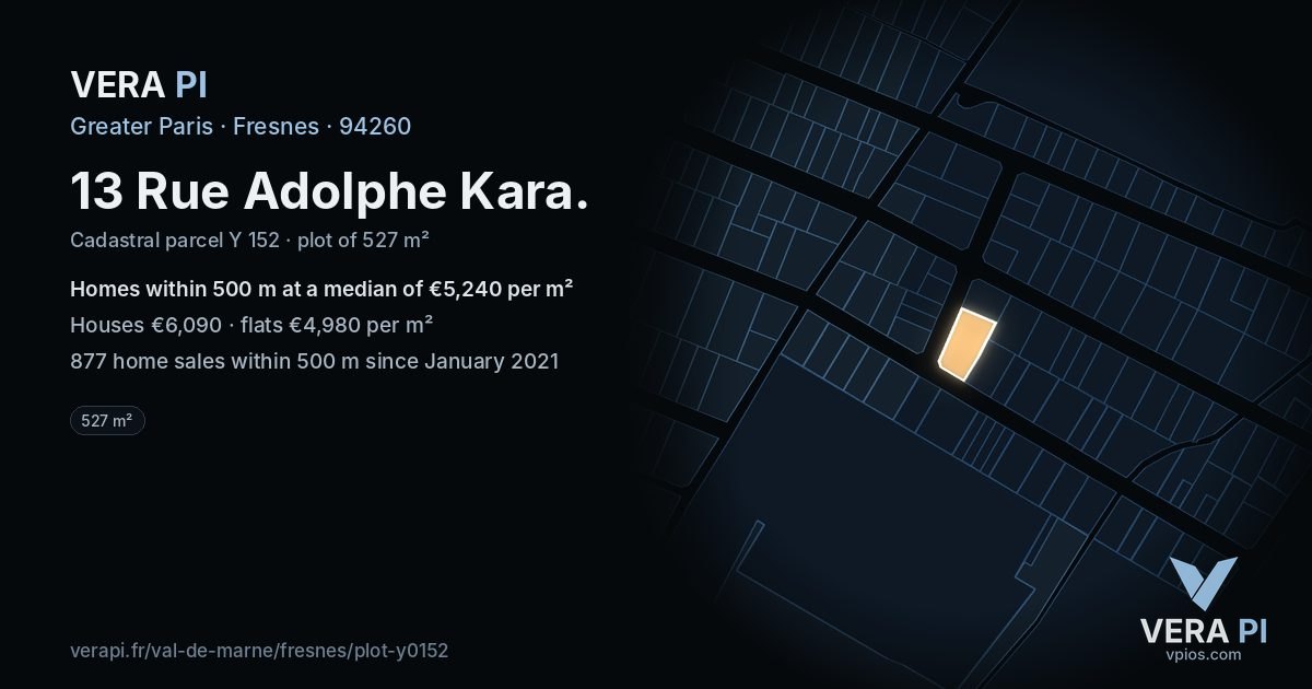 13 Rue Adolphe Kara, Fresnes at night – the plot lit, the parcels around coloured by the prices near them