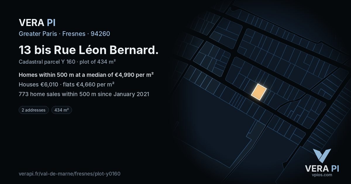 13 bis Rue Léon Bernard, Fresnes at night – the plot lit, the parcels around coloured by the prices near them