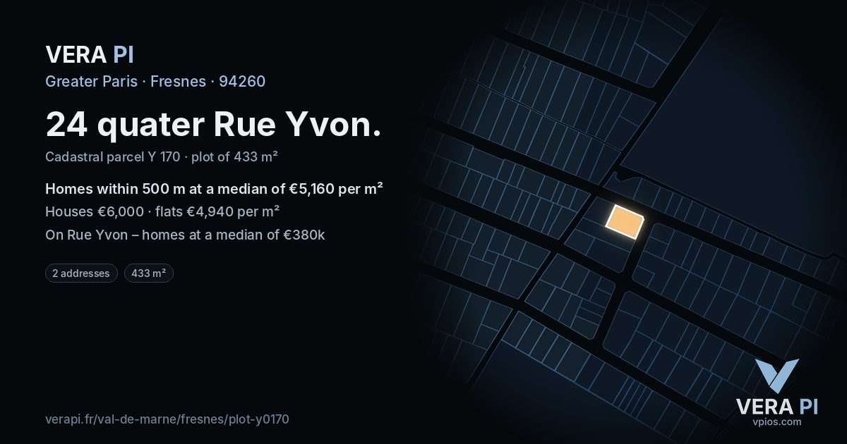 24 quater Rue Yvon, Fresnes at night – the plot lit, the parcels around coloured by the prices near them