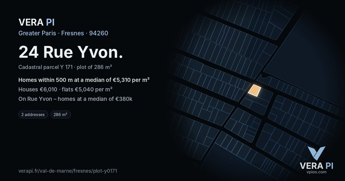 24 Rue Yvon, Fresnes at night – the plot lit, the parcels around coloured by the prices near them