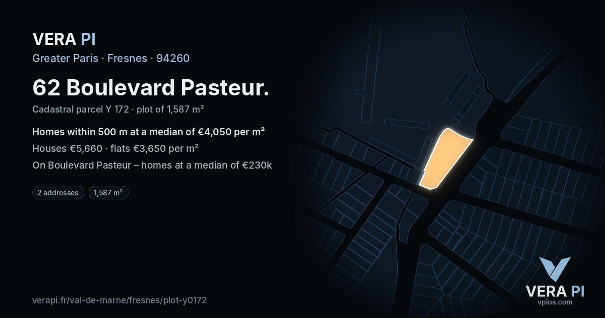 62 Boulevard Pasteur, Fresnes at night – the plot lit, the parcels around coloured by the prices near them