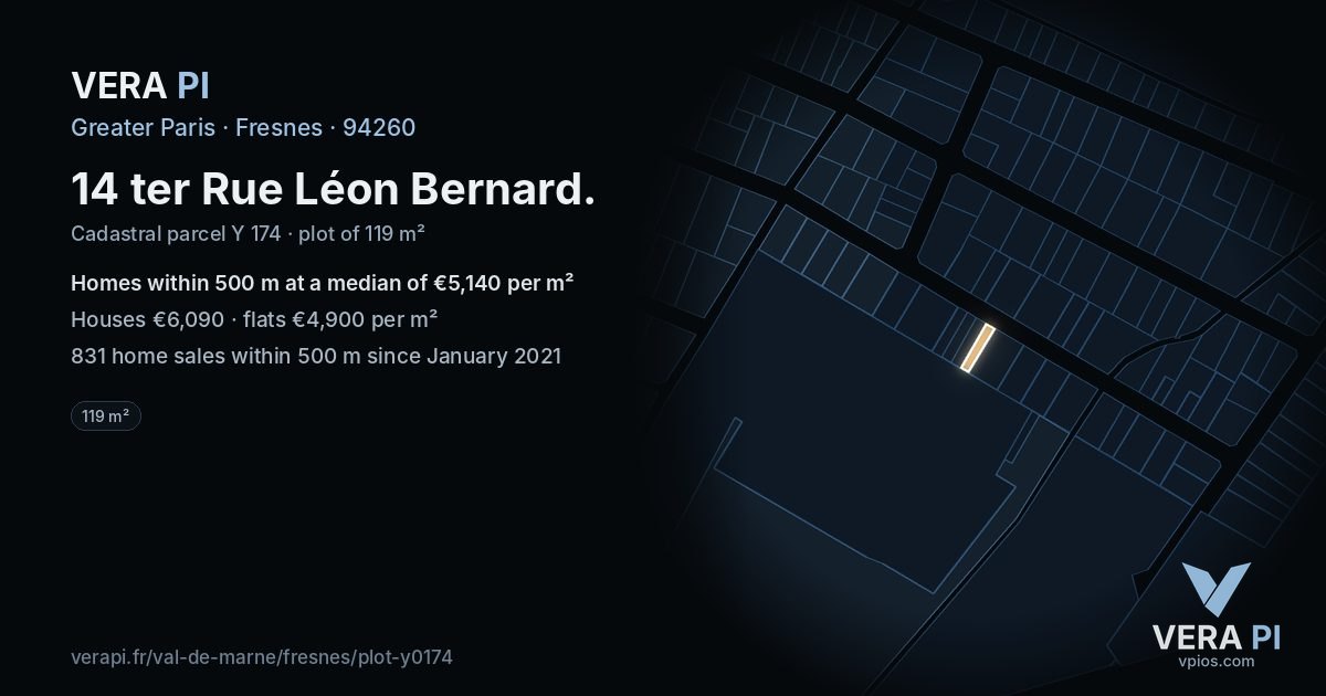 14 ter Rue Léon Bernard, Fresnes at night – the plot lit, the parcels around coloured by the prices near them