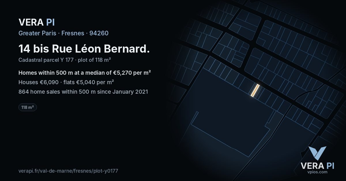 14 bis Rue Léon Bernard, Fresnes at night – the plot lit, the parcels around coloured by the prices near them