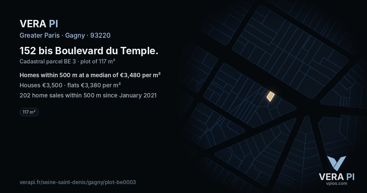 152 bis Boulevard du Temple, Gagny at night – the plot lit, the parcels around coloured by the prices near them