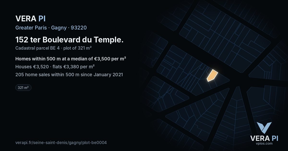 152 ter Boulevard du Temple, Gagny at night – the plot lit, the parcels around coloured by the prices near them