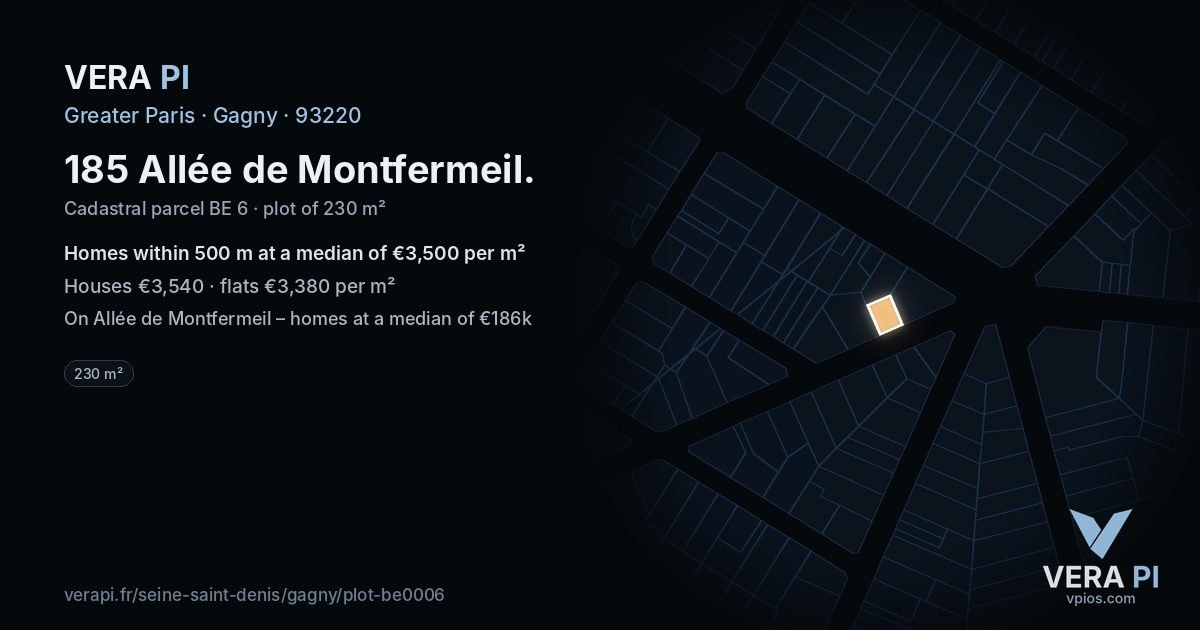 185 Allée de Montfermeil, Gagny at night – the plot lit, the parcels around coloured by the prices near them