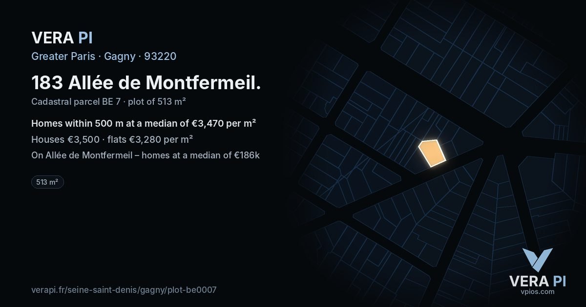 183 Allée de Montfermeil, Gagny at night – the plot lit, the parcels around coloured by the prices near them