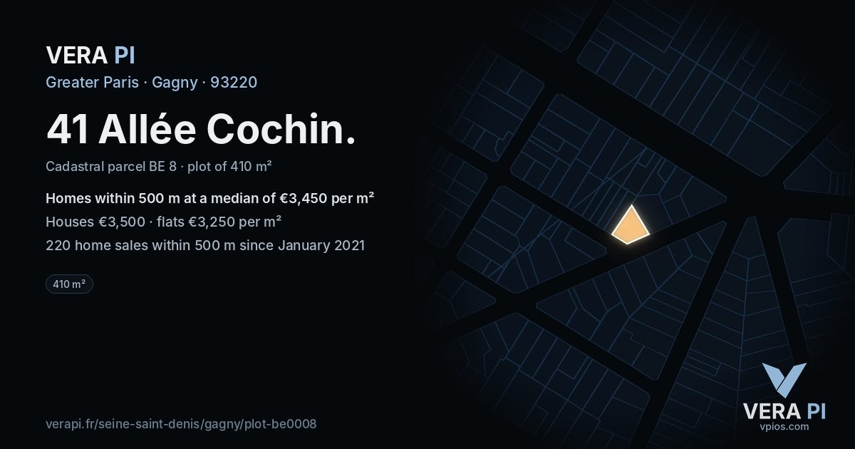 41 Allée Cochin, Gagny at night – the plot lit, the parcels around coloured by the prices near them