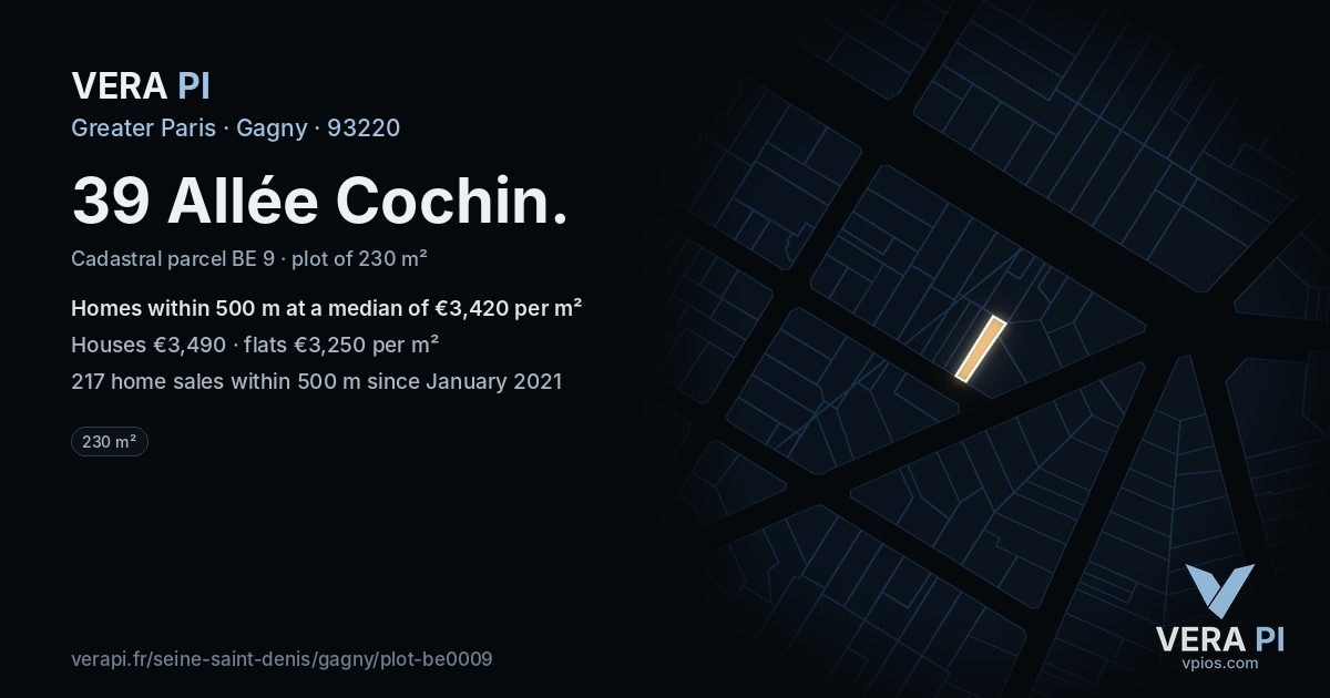 39 Allée Cochin, Gagny at night – the plot lit, the parcels around coloured by the prices near them