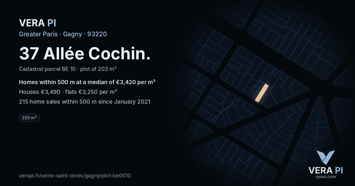 37 Allée Cochin, Gagny at night – the plot lit, the parcels around coloured by the prices near them