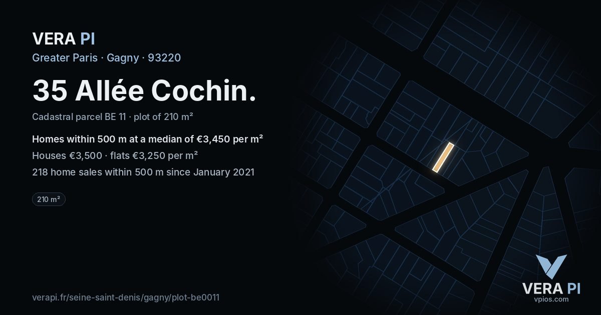 35 Allée Cochin, Gagny at night – the plot lit, the parcels around coloured by the prices near them