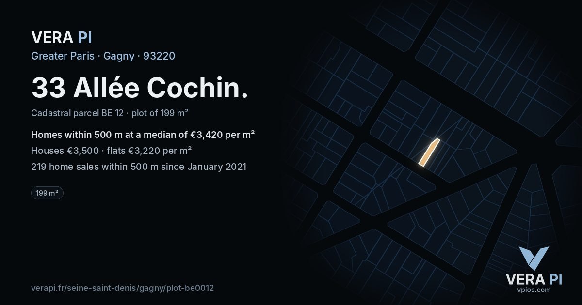 33 Allée Cochin, Gagny at night – the plot lit, the parcels around coloured by the prices near them